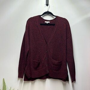 Madewell V Neck Button Down Cardigan Sweater with Pockets Burgundy Red Black L